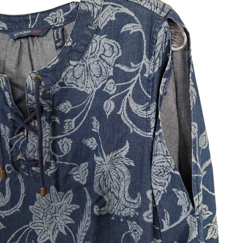Isaac Mizrahi Live Sz 12 Dress Denim Chambray Floral Print Split Sleeves Lace Up - Picture 15 of 15